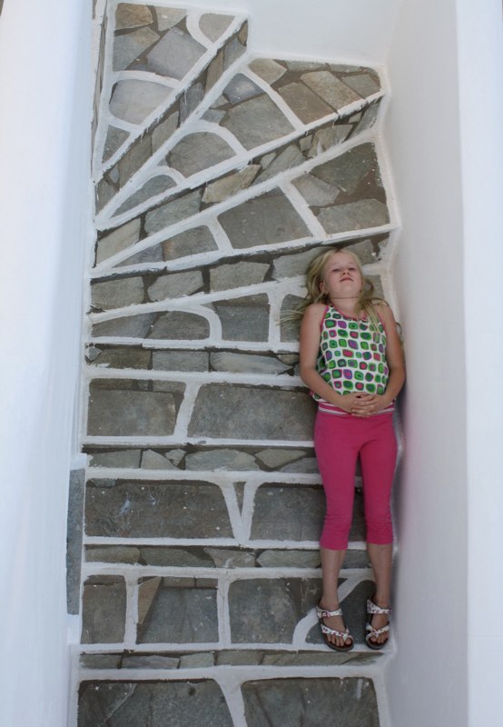 Estelle is checking the stairs in Greece